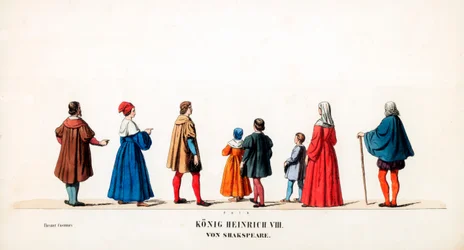 Diseños de vestuario teatral para la obra de Shakespeare, Enrique VIII, siglo XIX