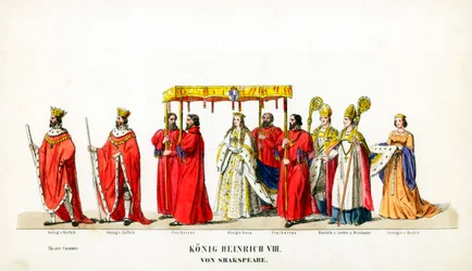 Diseños de vestuario teatral para la obra de Shakespeare, Enrique VIII, siglo XIX