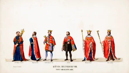 Diseños de vestuario teatral para la obra de Shakespeare, Enrique VIII, siglo XIX