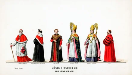 Diseños de vestuario teatral para la obra de Shakespeare, Enrique VIII, siglo XIX