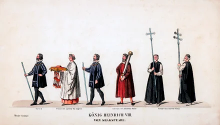 Diseños de vestuario teatral para la obra de Shakespeare, Enrique VIII, siglo XIX