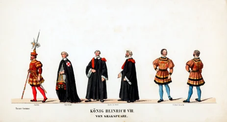 Diseños de vestuario teatral para la obra de Shakespeare, Enrique VIII, siglo XIX
