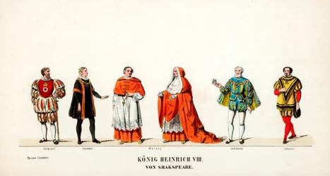 Diseños de vestuario teatral para la obra de Shakespeare, Enrique VIII, siglo XIX