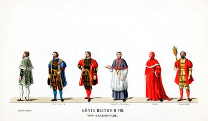 Diseños de vestuario teatral para la obra de Shakespeare, Enrique VIII, siglo XIX