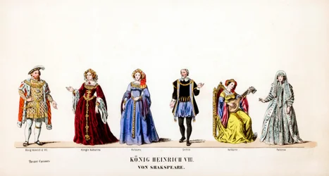 Diseños de vestuario teatral para la obra de Shakespeare, Enrique VIII, siglo XIX