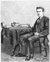 Thomas Alva Edison, inventor estadounidense, con un modelo temprano de su fonógrafo, 1878