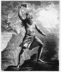 Thor, dios del trueno en el panteón escandinavo, empuñando su martillo, 1874