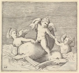Tres Cupidos y Dos Delfines, publicado ca. 1599-1622