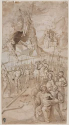 Tres Escenas de la Pasión de Cristo (detalle), boceto arquitectónico (reverso), 1500s