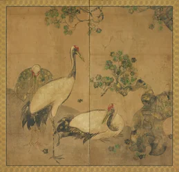 Tres grullas bajo un árbol, período Edo, 1615-1868