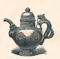Tetera tibetana con pico y asa de dragón mostrando influencia china, c1904