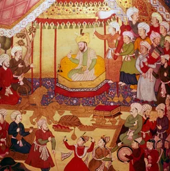 Timur entronizado durante celebraciones, manuscrito mogol, 1600-1601