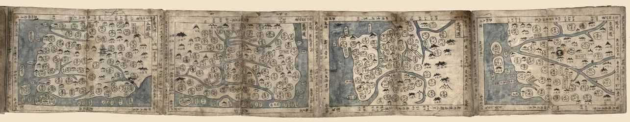 Título de la portada. Las hojas están unidas de extremo a extremo y plegadas en forma de acordeón. Pegado en pequeña etiqueta en el verso del mapa de Hamgyŏng-do: Bunkōdō Shoten. Disponible también a través del sitio web de la Biblioteca del Congreso como 