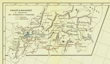 Tokaido y Nakasendo para ilustrar la Campaña de Sekigahara, 1903