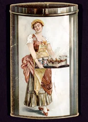 Tarjeta comercial de salchichas enlatadas producidas por Heinrich Bauer de Frankfurt am Main, Alemania, c. 1895