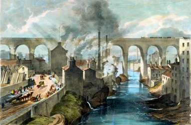Tren cruzando el viaducto de Stockport en el Ferrocarril de Londres y Noroeste, c1845