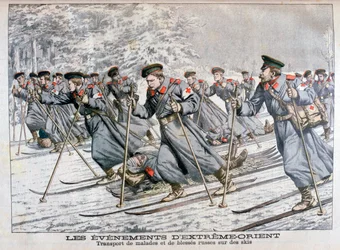 Transporte de tropas rusas enfermas y heridas en esquís, Guerra Ruso-Japonesa, 1904