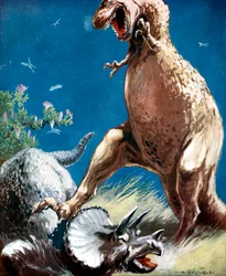 Triceratops, un dinosaurio con cuernos, sujetado por un Tyrannosaurio, c1920