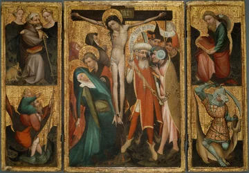 Tríptico de la Crucifixión con los santos Antonio, Cristóbal, Santiago y Jorge, alrededor de 1400