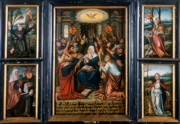 Tríptico, con el panel central mostrando el Espíritu Santo en Pentecostés