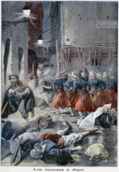 Tropas intentando despejar calles durante disturbios antijudíos, Argel, Argelia, 1898