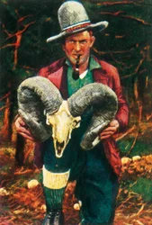 Cazador de trofeos sosteniendo un cráneo de carnero cimarrón, c1928