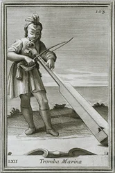 Trumscheit tromba marina, grabado del libro Cabinetto armonico de F. Bonanni, Roma, 1722, 1948