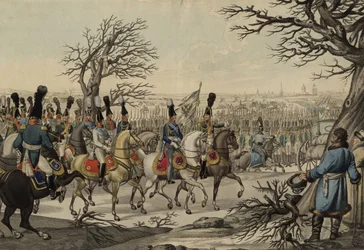 Zar Alejandro I y el Rey Federico Guillermo III ante las tropas, ca 1813