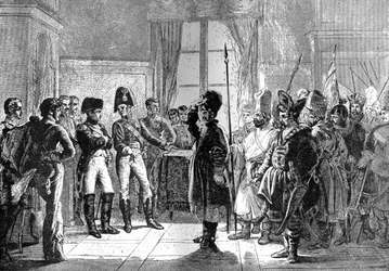 El zar Alejandro I presentando tropas rusas a Napoleón, 8 de julio de 1807, 1882-1884