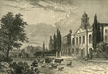 Peaje en la carretera de Hampstead y la iglesia de St. James, en 1820, c1876