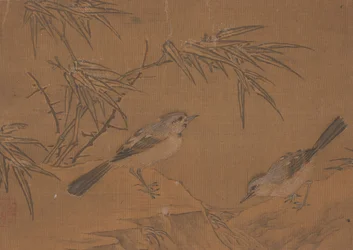 Dos pájaros y planta de bambú