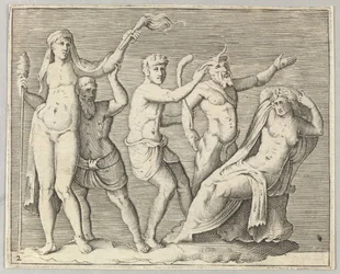 Dos figuras, un fauno y un sátiro se acercan a una mujer reclinada, publicado ca. 1599-1622