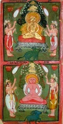 Dos Jain Tirthankaras o jina hacedores de vados y sus devotos, región de Bundi, India, c1720
