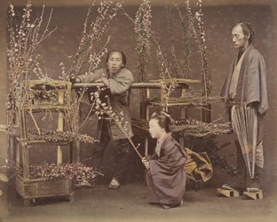 [Dos hombres japoneses y una mujer japonesa posando con ramas florecientes], 1870s