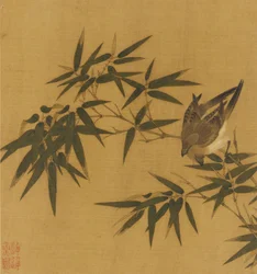 Dos pájaros balanceándose en una rama de bambú, dinastía Qing, siglo XVIII