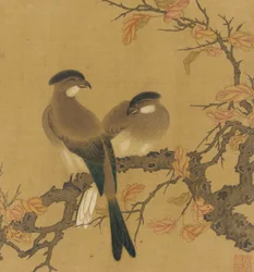 Dos aves crestadas en una rama, hojas de otoño, dinastía Qing, siglo XVIII