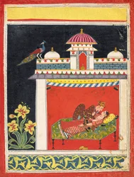 Dos amantes en un pabellón, de un Amarushataka Cien poemas de Amaru..., ca. 1680