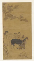 Dos hombres y dos caballos bajo un pino, dinastía Qing, siglo XVIII