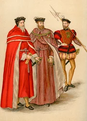 Dos pares en sus túnicas y un alabardero, siglo XVI, 1893