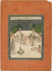 Dos mujeres sentadas en una terraza, rodeadas de asistentes y músicos, ca. 1650