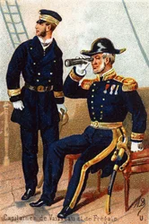 U: Capitán de barcos y fragata. Grabado en "Alfabeto Militar". Iniciales del ilustrador: A. D. Editor desconocido. Cromolitografías finales del siglo XIX. Dim: 10,5x7cm