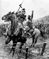 Ulanos detenidos por alambre de púas cerca de Lieja, Bélgica, Primera Guerra Mundial, 1914
