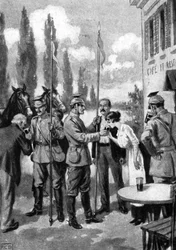 Ulanos exigiendo refrescos a los aldeanos belgas, Primera Guerra Mundial, 1914