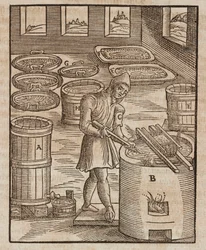Un hombre prueba el salitre, utilizado en la pólvora y la conservación de la carne - Grabado extraído de Descripción de los minerales y los principales métodos de explotación minera, de Lazarus Ecker