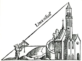 Usando un cuadrante con una plomada para calcular la altura de una torre por triangulación, 1551