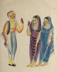 Devoto vaisnava con dos mujeres, 1800s