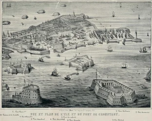 Vista y Plano de la isla y el puerto de Kronstadt, c. 1850