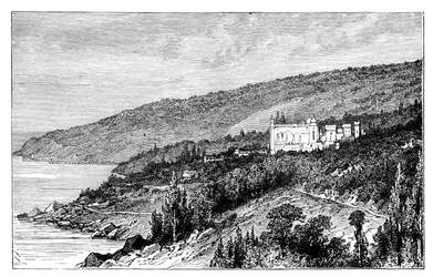Vista en Crimea: el Palacio Woronzow, Alupka, Ucrania, c1888