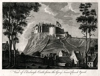 Vista del Castillo de Edimburgo, desde el cementerio de Grey Friars, siglo XVIII