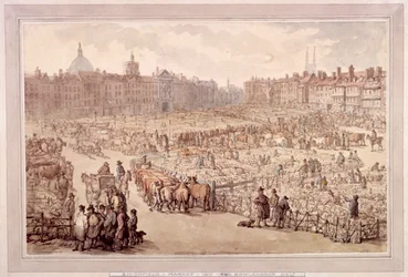 Vista del mercado de Smithfield, Londres, 1810